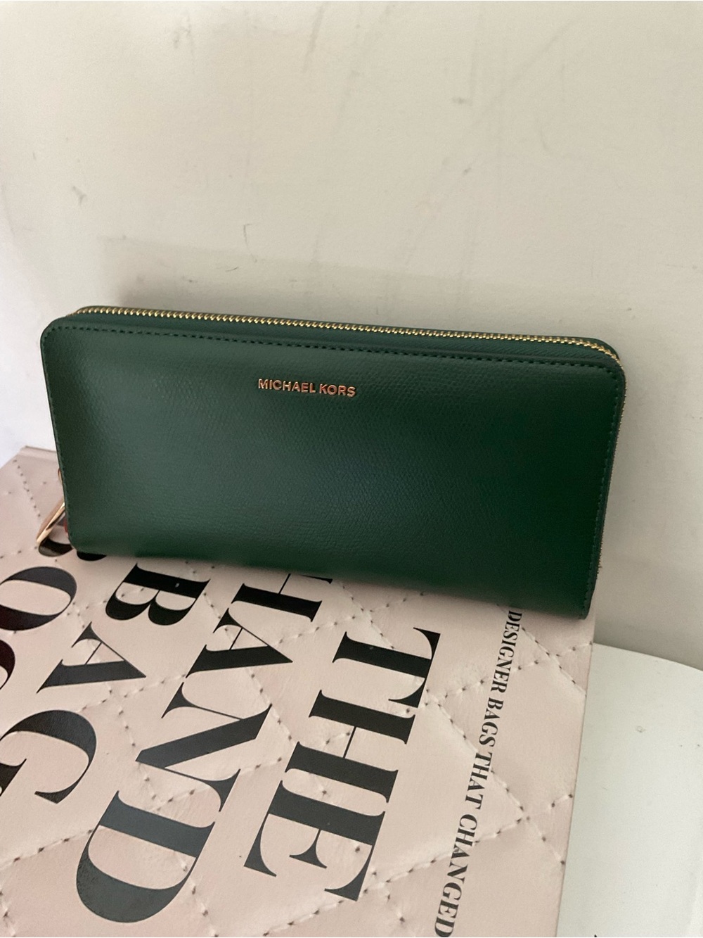 MICHAEL Michael Kors Dark Green Zip-Around Leather Wallet with Gold Hardware NWT